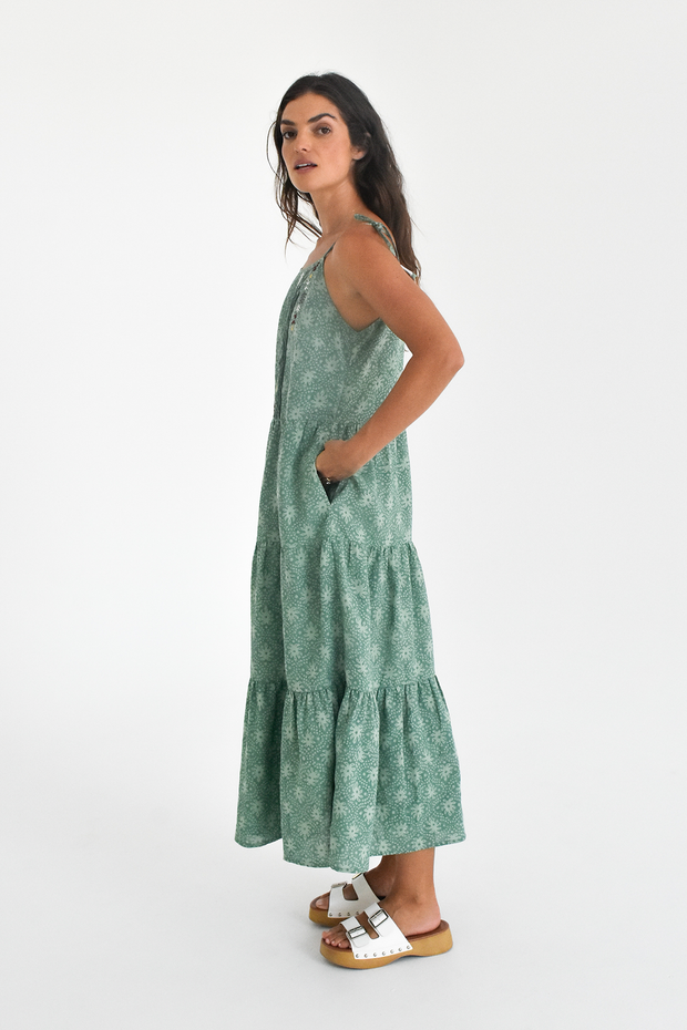 Sami Dress - Forest Green Hand Block Print Linen