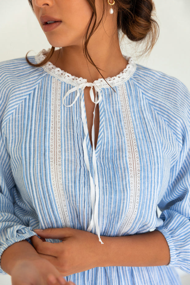 Shiela Dress - Blue Linen Stripe