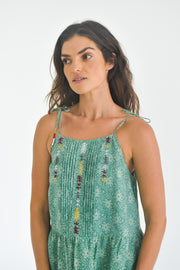 Sami Dress - Forest Green Hand Block Print Linen