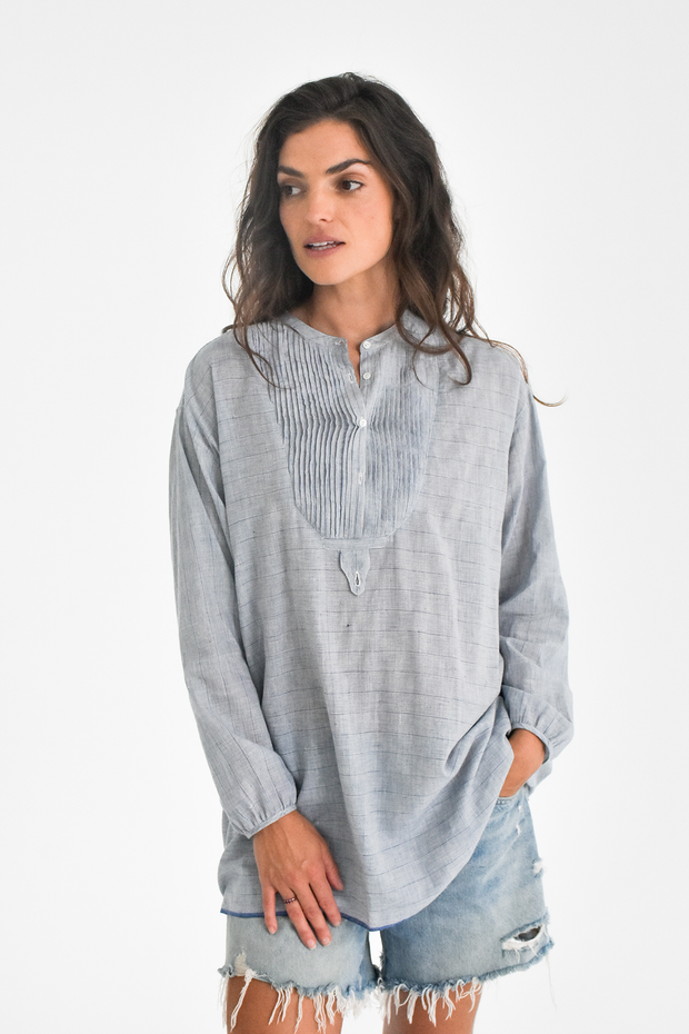 Farhi Top - Blue White Microstripe Khadi