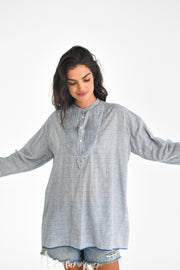 Farhi Top - Blue White Microstripe Khadi