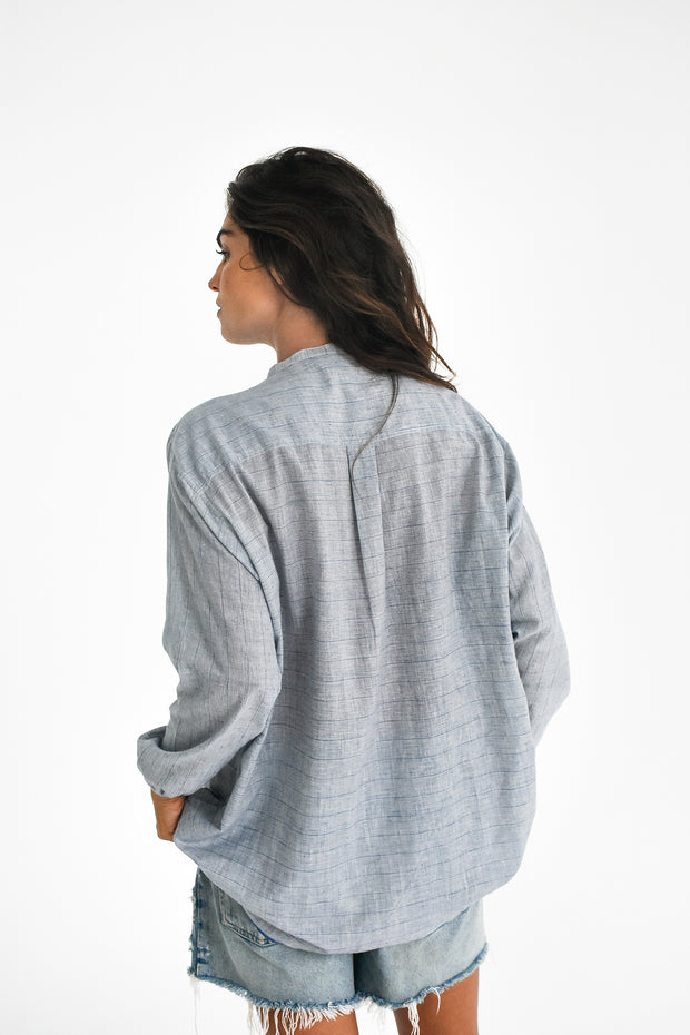 Farhi Top - Blue White Microstripe Khadi