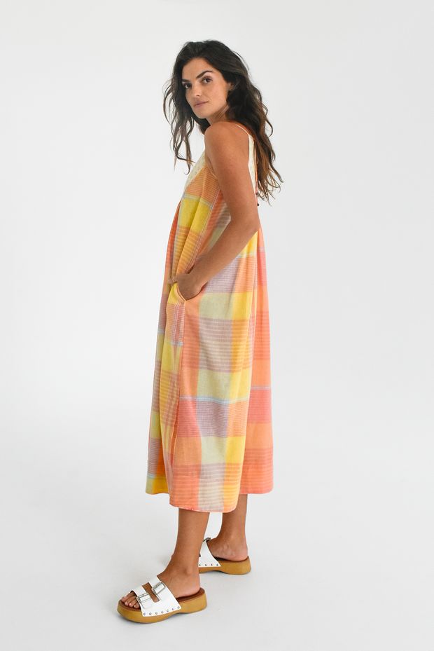 Mitra Dress - Yellow Peach Handloom Check Combo