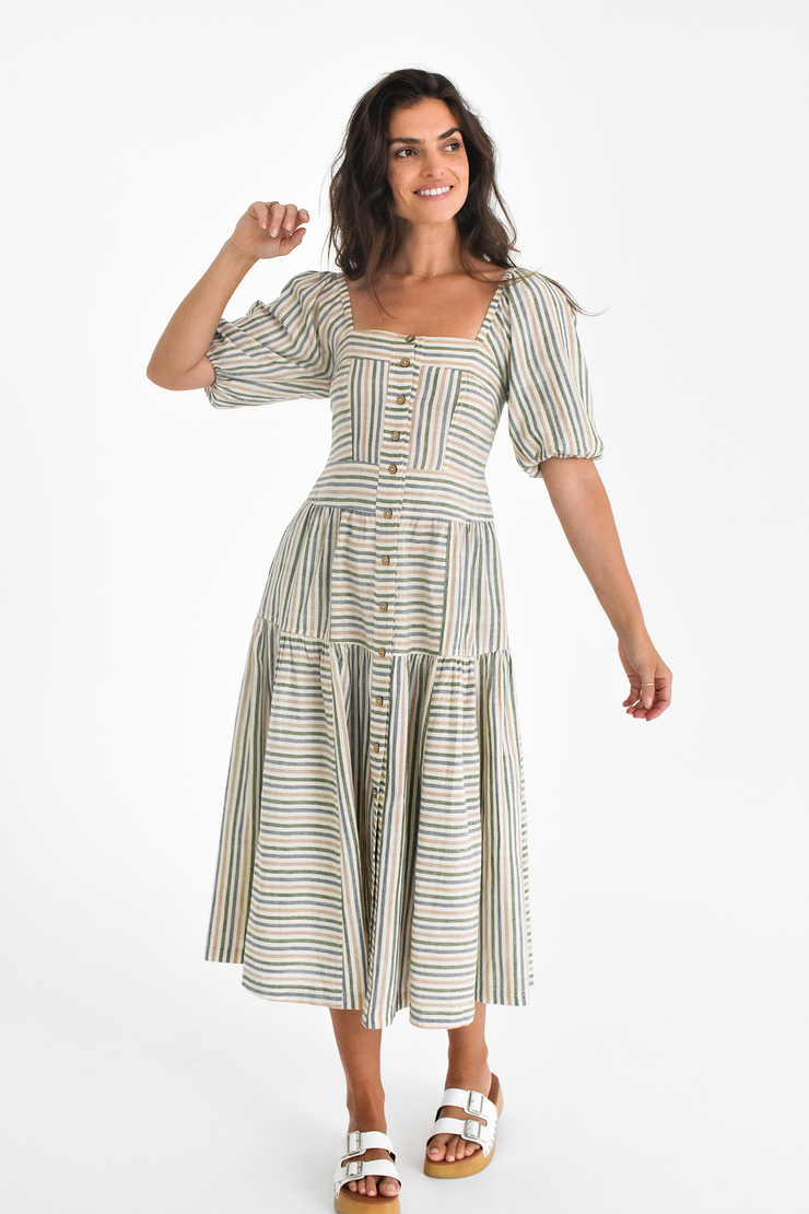 Ahana Dress w/sleeves - Green Handspun Khadi Stripe