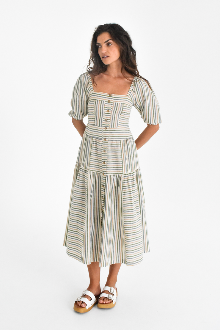 Ahana Dress w/sleeves - Green Handspun Khadi Stripe