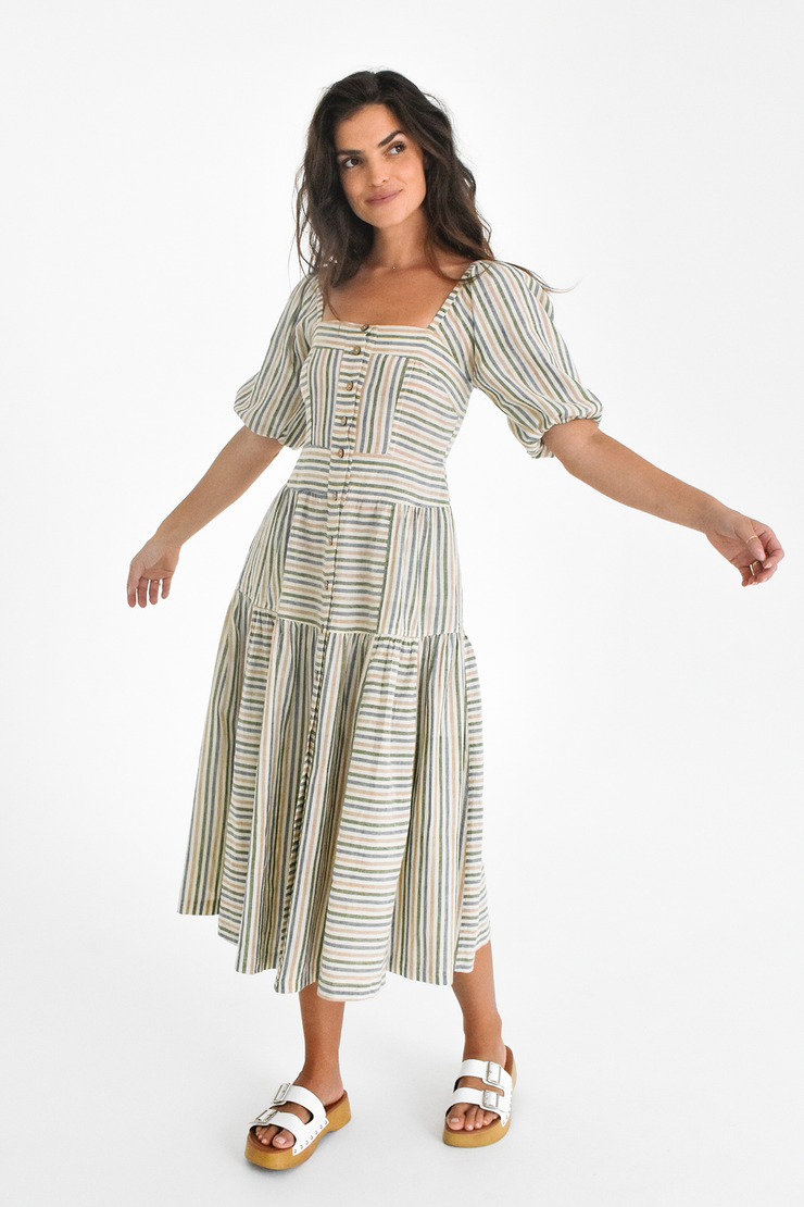 Ahana Dress w/sleeves - Green Handspun Khadi Stripe