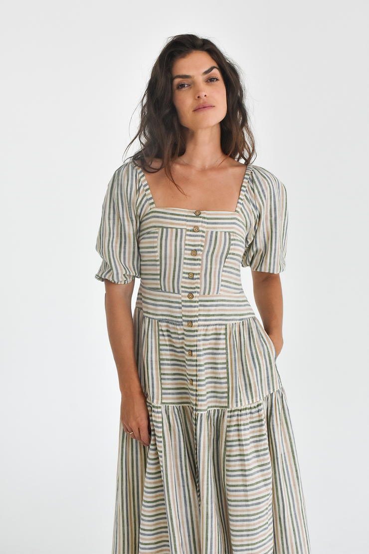 Ahana Dress w/sleeves - Green Handspun Khadi Stripe