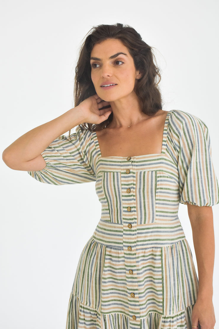 Ahana Dress w/sleeves - Green Handspun Khadi Stripe