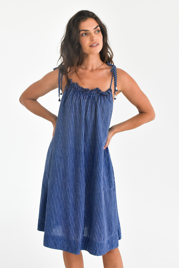 Nighty Dress - Khadi Stripe Blue Print
