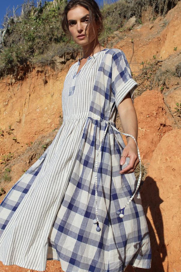Sur Dress - Stripe Check Handspun Khadi