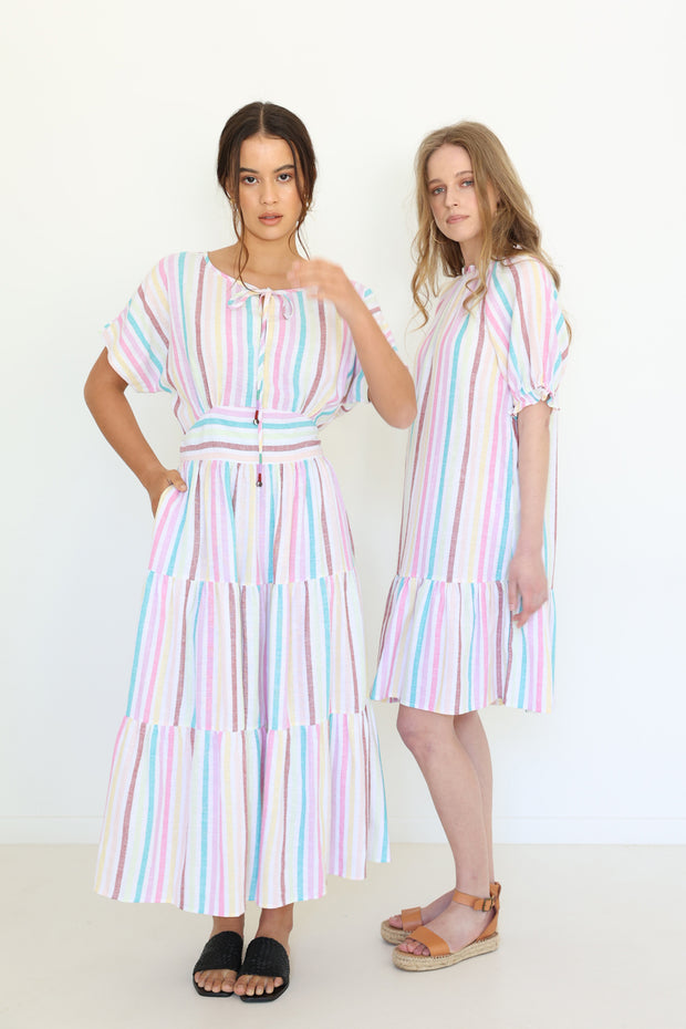Mahika Dress - Multi Linen Stripe