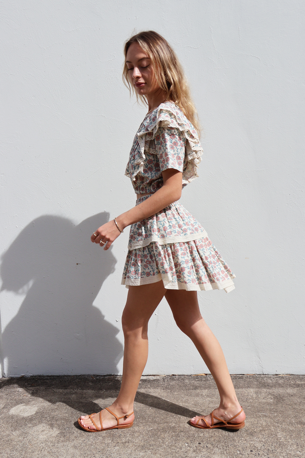 Nitu Skirt - Rose Overall Hand Block Print