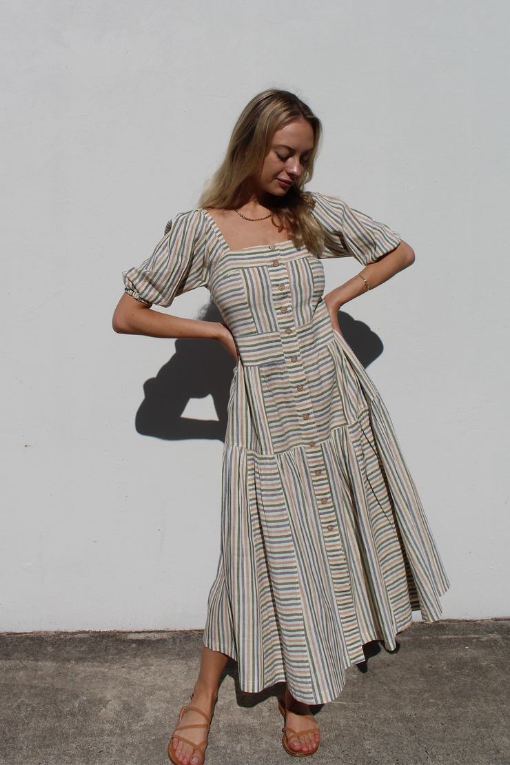 Ahana Dress w/sleeves - Green Handspun Khadi Stripe