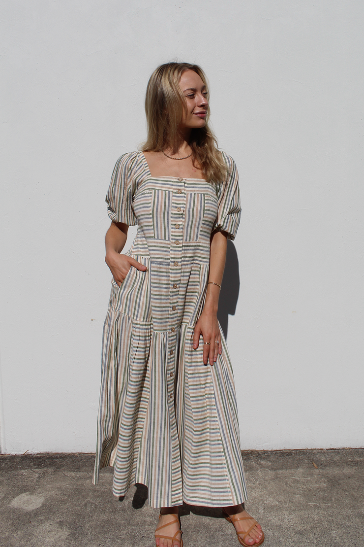 Ahana Dress w/sleeves - Green Handspun Khadi Stripe