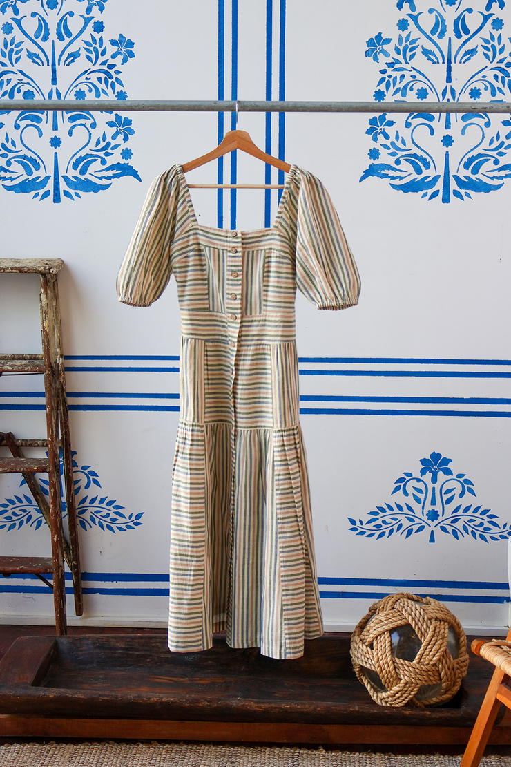 Ahana Dress w/sleeves - Green Handspun Khadi Stripe