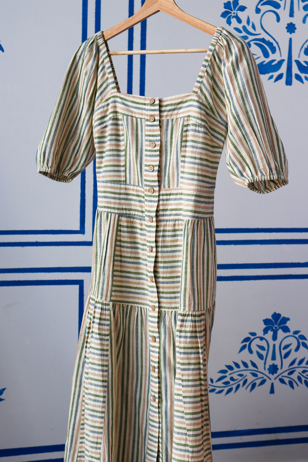 Ahana Dress w/sleeves - Green Handspun Khadi Stripe