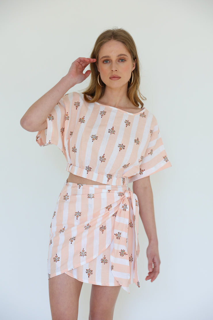 Lily Skirt - Peach Linen Block Printed Stripe