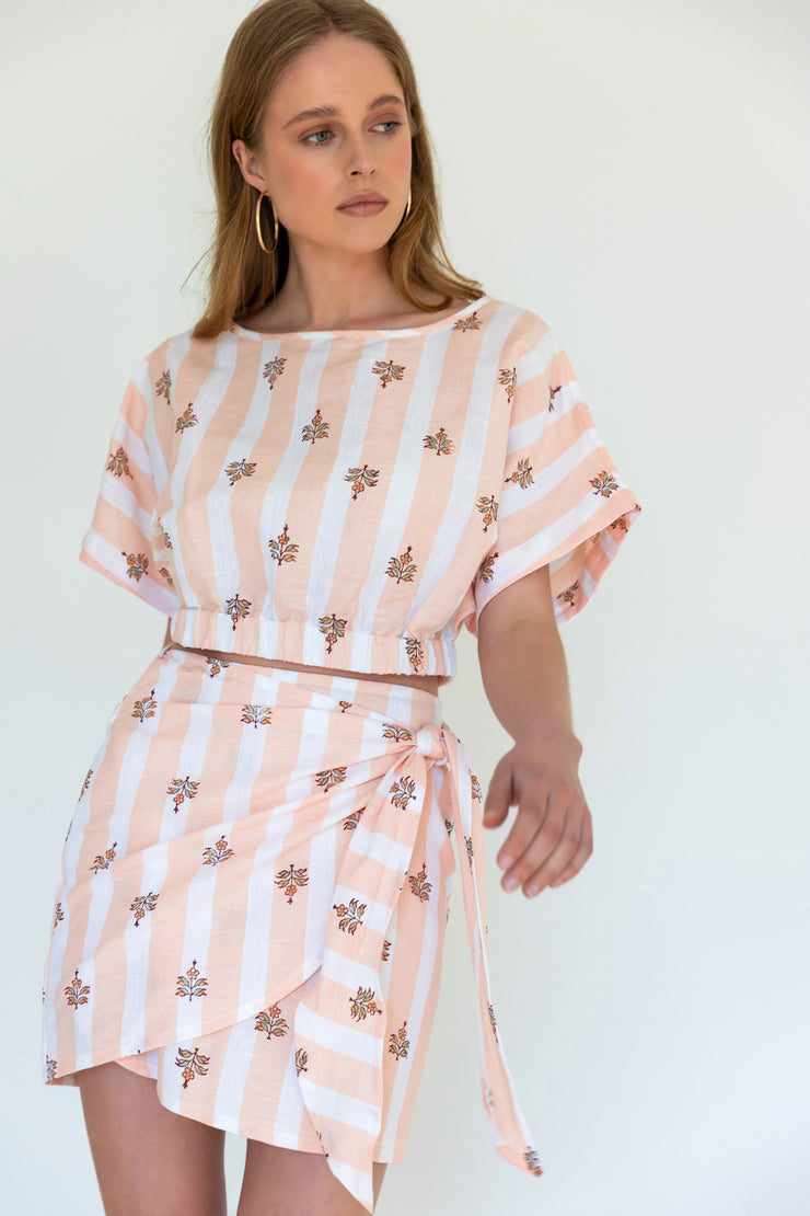 Lily Skirt - Peach Linen Block Printed Stripe