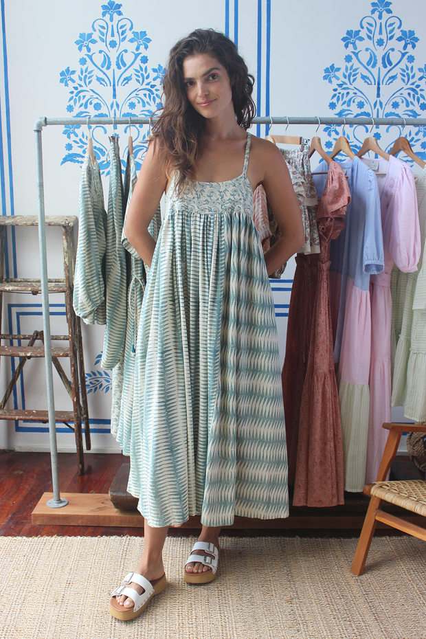 Puja Dress - Teal Handblock Print
