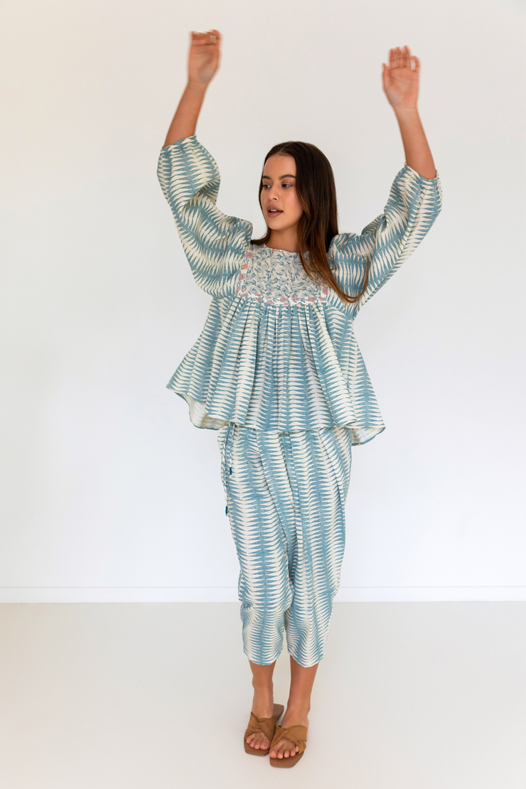 Zeenat Top - Teal Handblock Print