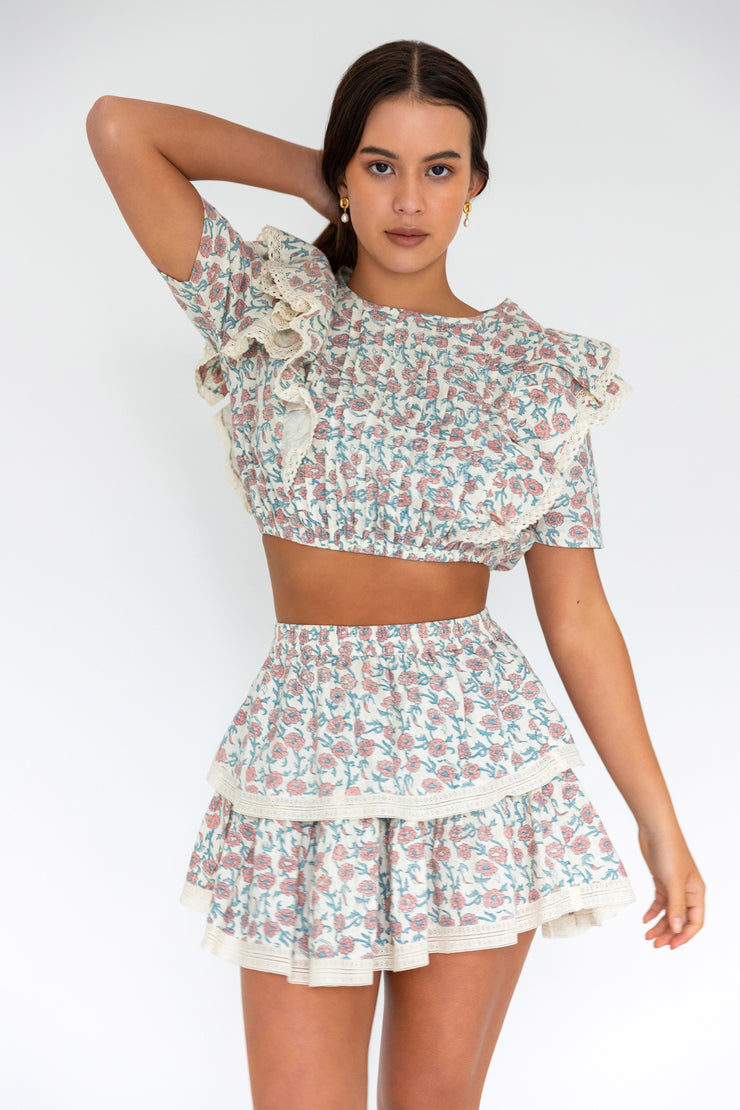 Nitu Skirt - Rose Overall Hand Block Print