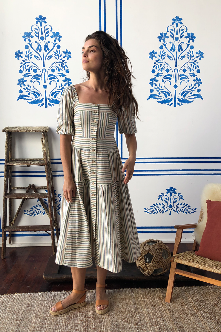 Ahana Dress w/sleeves - Green Handspun Khadi Stripe