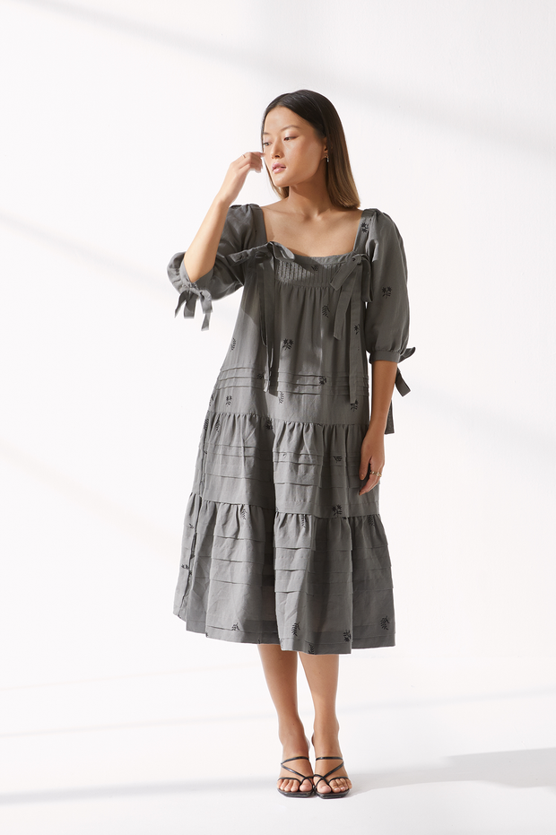 Ruby Dress - Grey Hand Block Print Linen