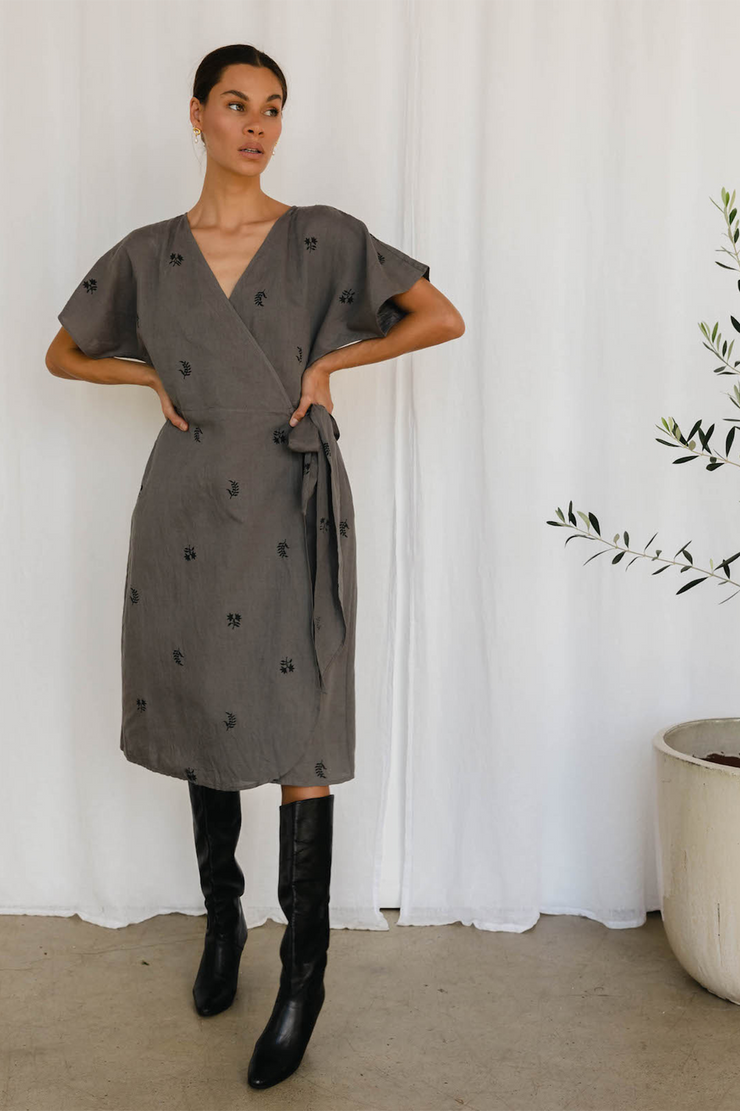 Rooh Dress - Grey Hand Block Print Linen