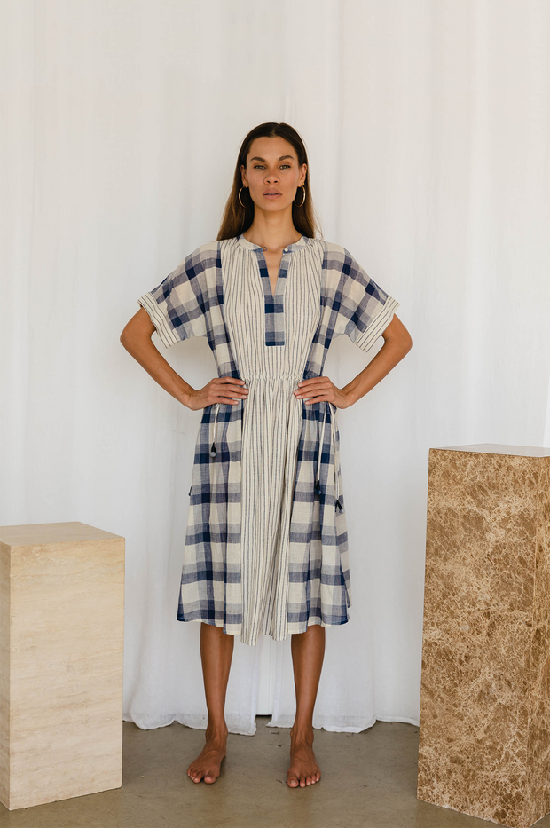 Sur Dress - Stripe Check Handspun Khadi