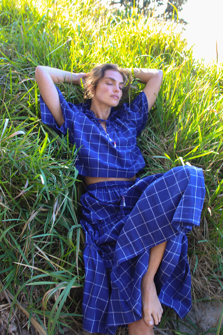 Ranika Top - Indigo Hand spun Windowpane Khadi Check