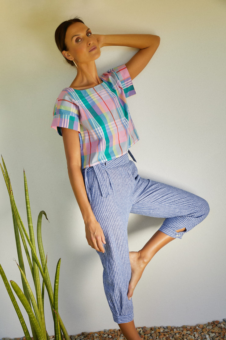 Dhoti Pant - Linen Blue Club Stripe
