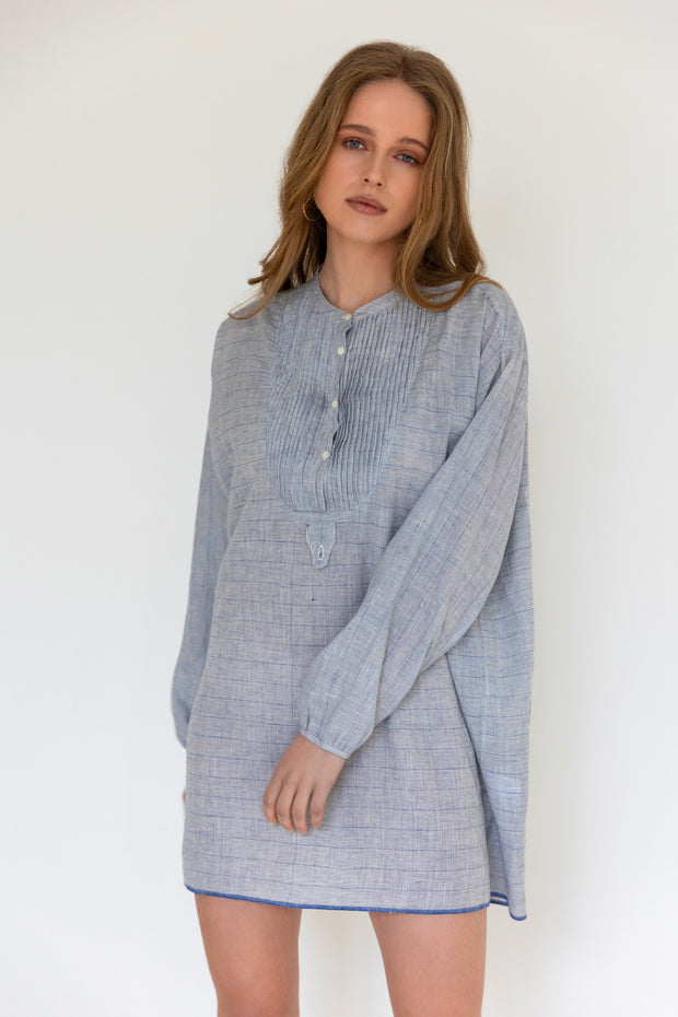 Farhi Top - Blue White Microstripe Khadi