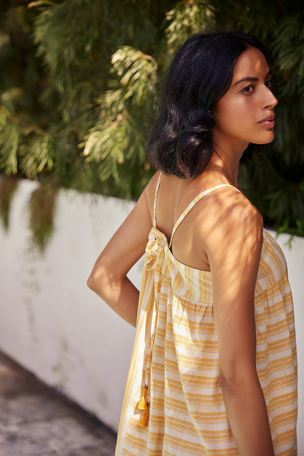Puja Dress - Yellow Stripe Hand Spun Khadi