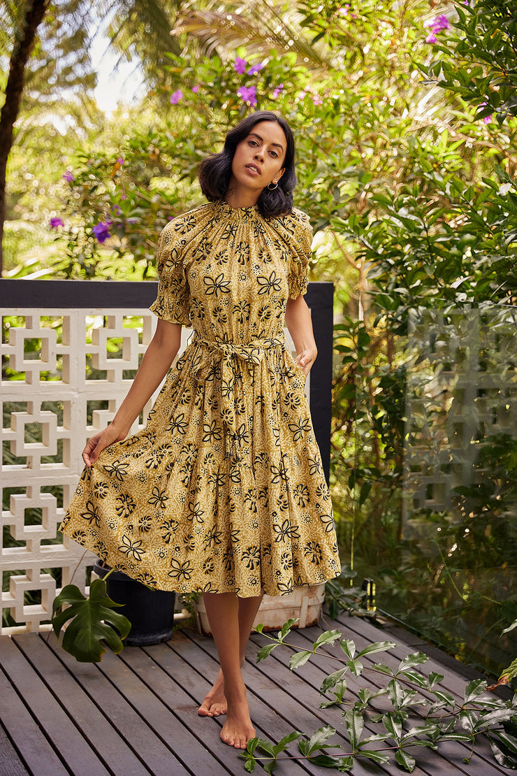 Anika Dress - Khaki Overall Hand Block Print