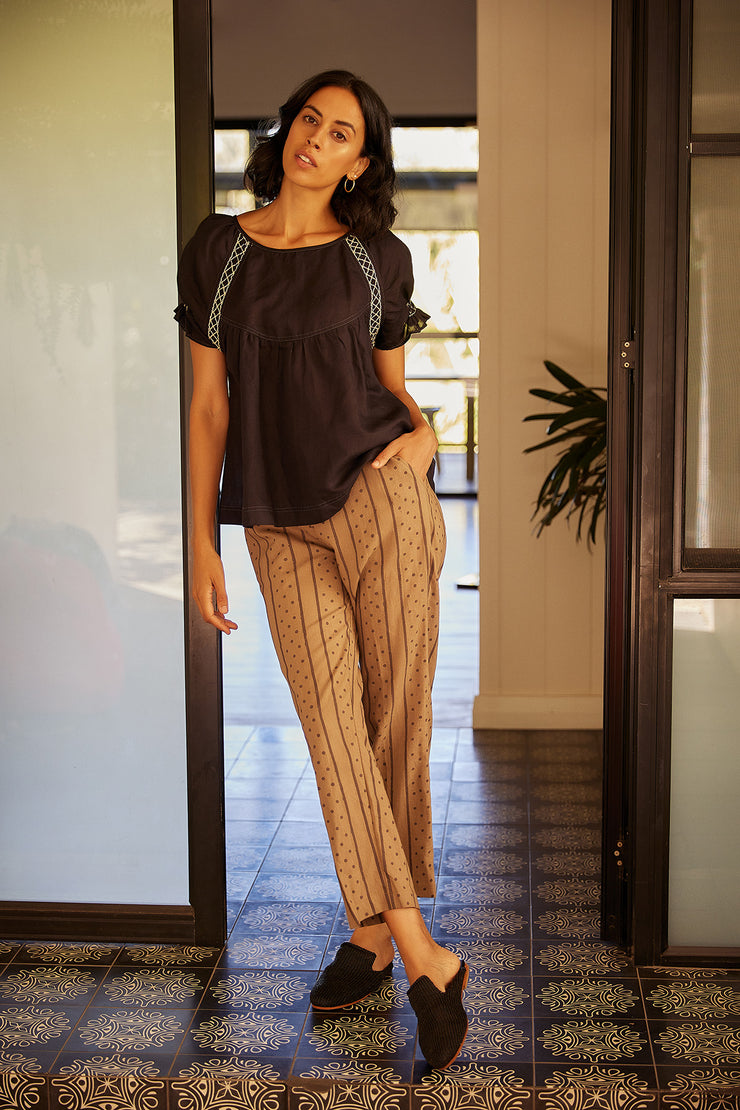 Kopal Pant - Brown Hand Block Print Linen