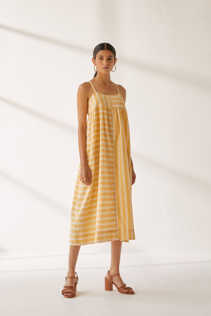 Puja Dress - Yellow Stripe Hand Spun Khadi