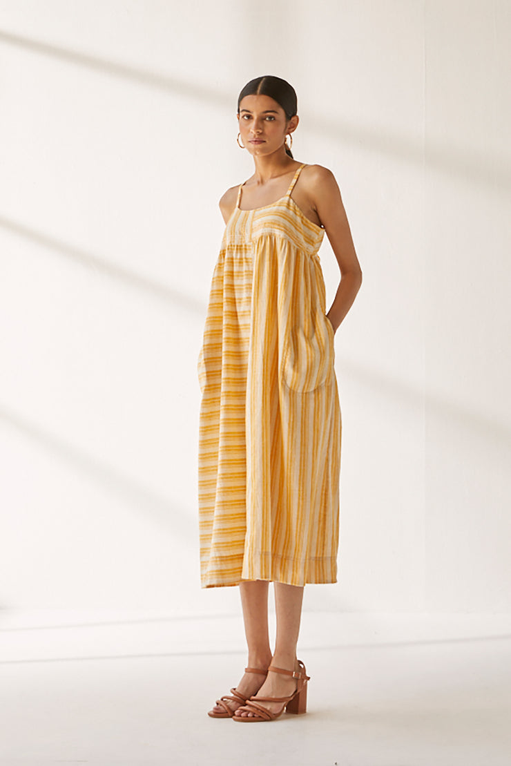 Puja Dress - Yellow Stripe Hand Spun Khadi