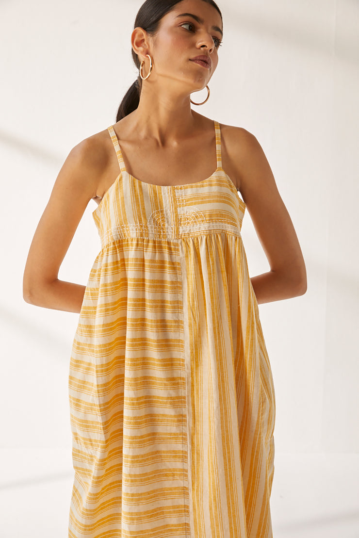 Puja Dress - Yellow Stripe Hand Spun Khadi