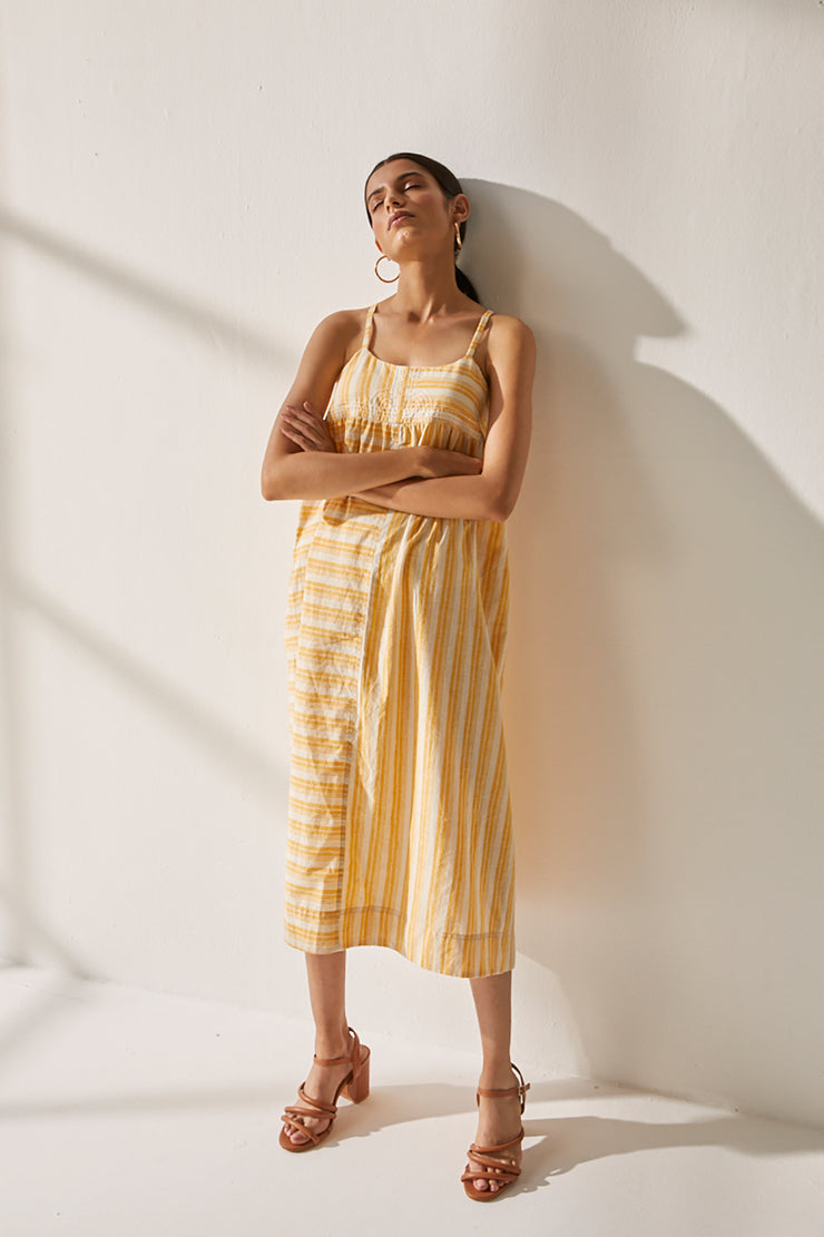 Puja Dress - Yellow Stripe Hand Spun Khadi