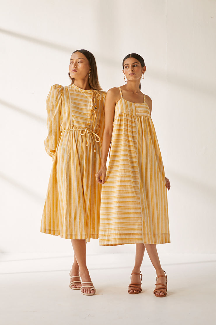 Puja Dress - Yellow Stripe Hand Spun Khadi
