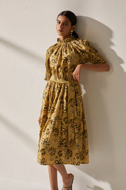 Anika Dress - Khaki Overall Hand Block Print