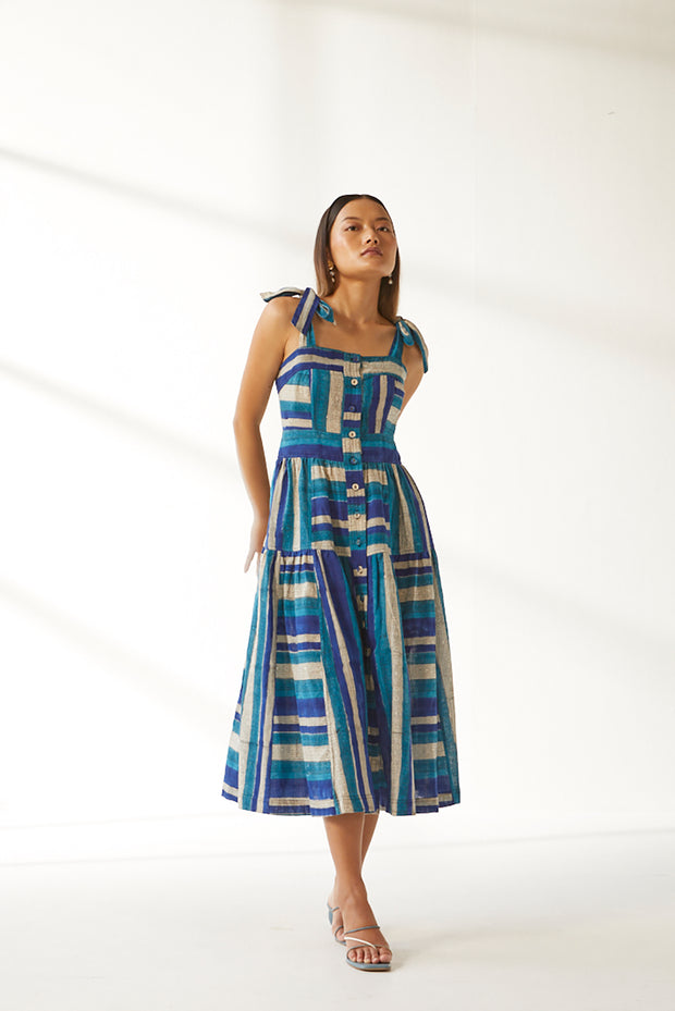 Ahana Dress - Indigo Hand Block Print Stripe