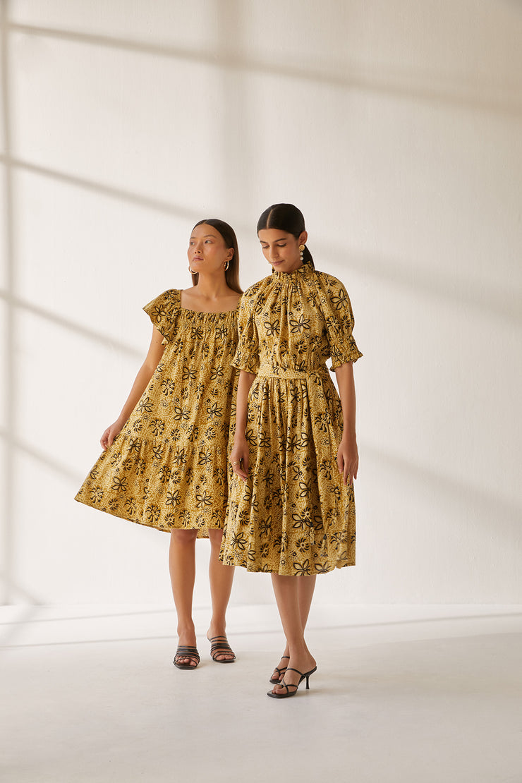 Anika Dress - Khaki Overall Hand Block Print