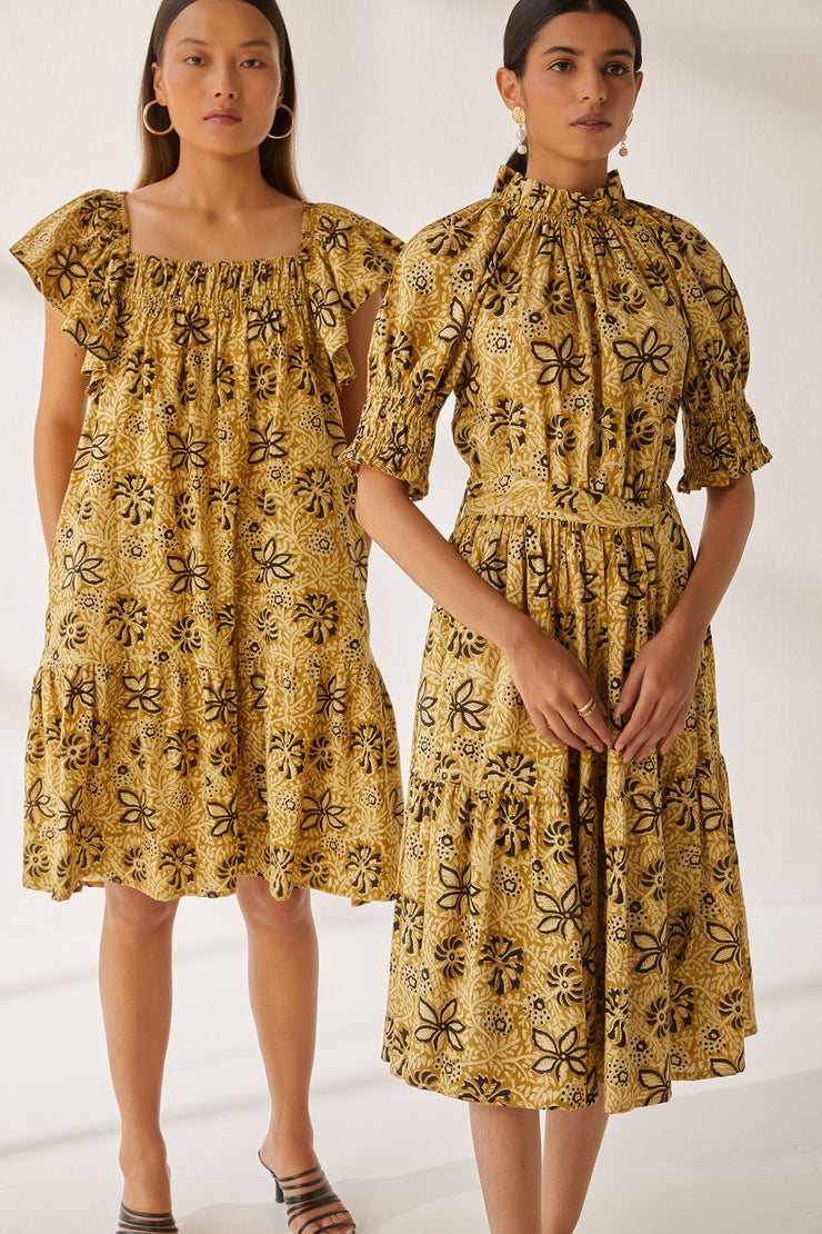 Anika Dress - Khaki Overall Hand Block Print