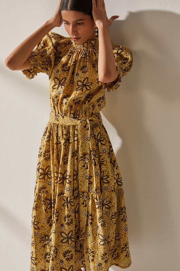 Anika Dress - Khaki Overall Hand Block Print