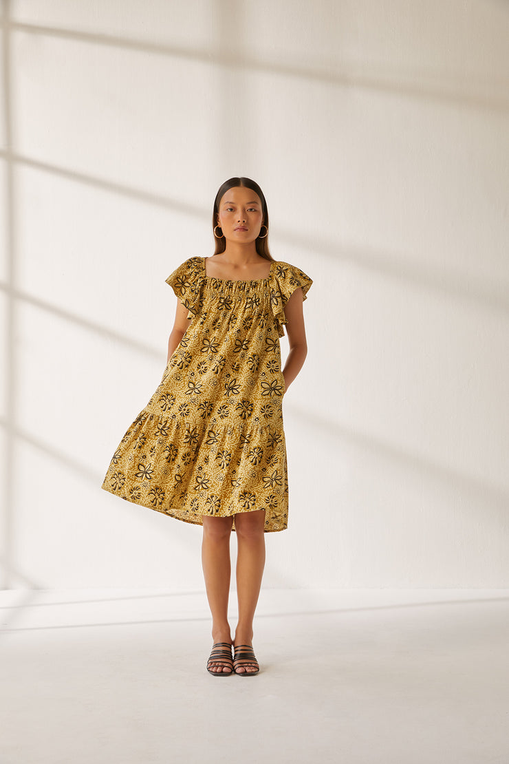 Myra Dress - Khaki Overall Hand Block Print
