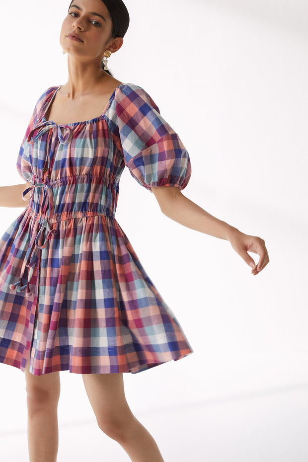 Short Brea Dress - Peach Multi Madras Check