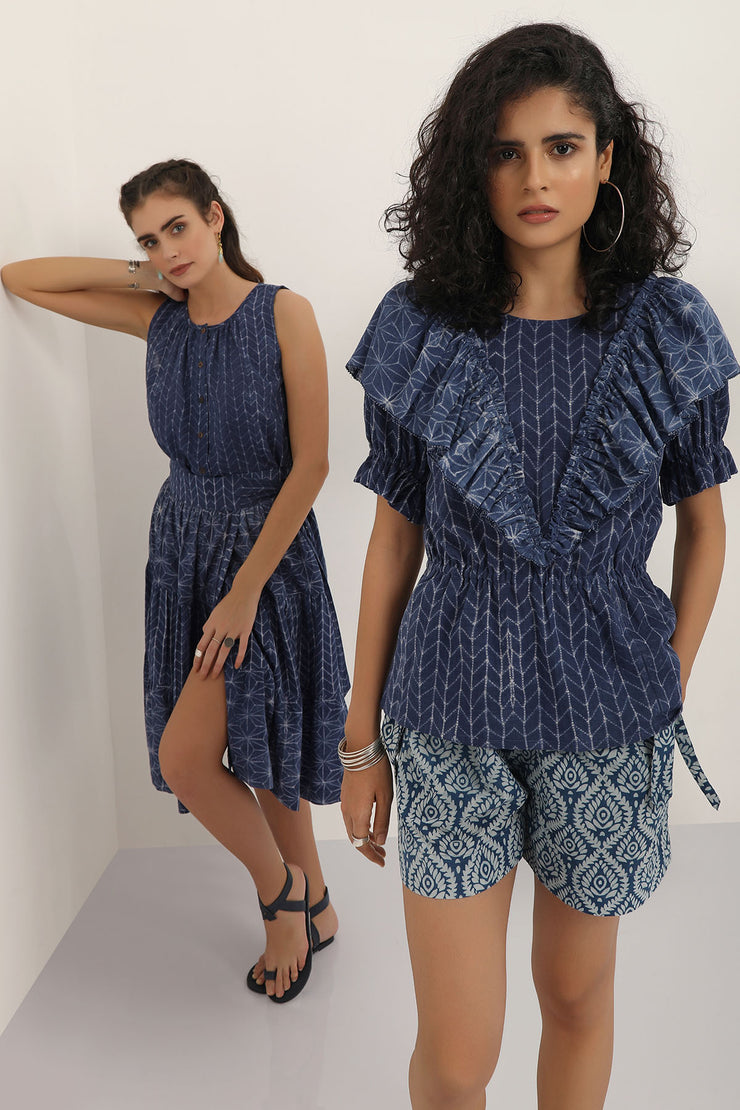 Kavya Top - Indigo Arrow Star Shibori Combo