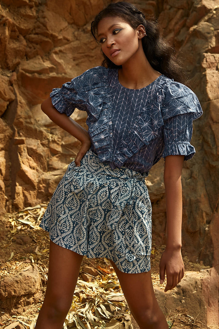 Rail Short - Blue Indigo Lotus Print