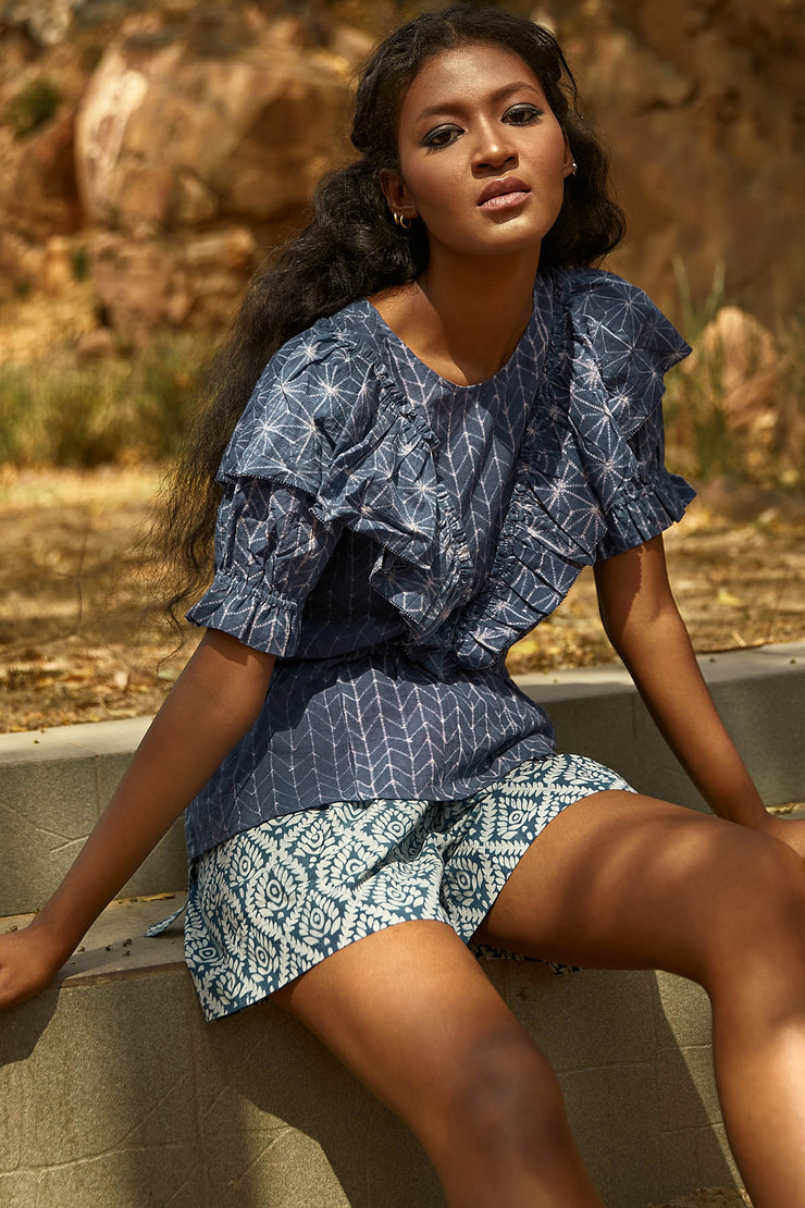 Rail Short - Blue Indigo Lotus Print